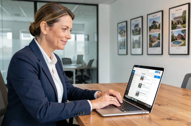 Professionnelle de l'immobilier accédant à l'intranet IAD France sur son ordinateur portable dans un bureau moderne