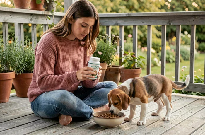 Jeune femme lisant l'étiquette d'un complément alimentaire pour son beagle sur une terrasse en bois entourée de verdure