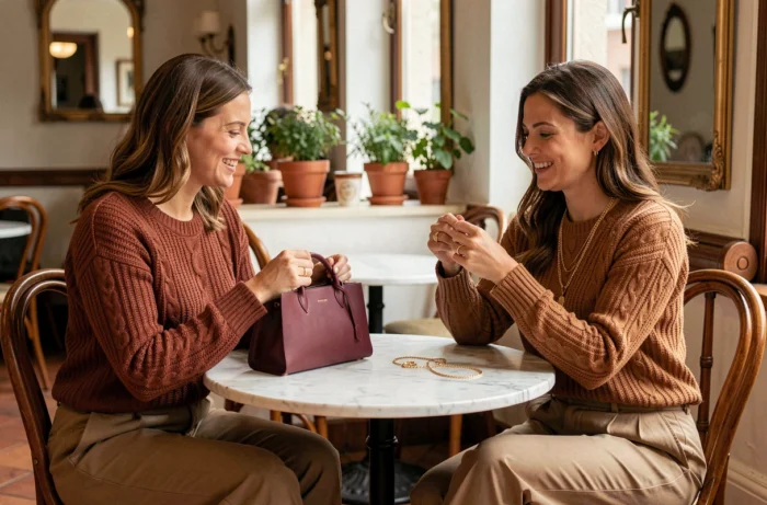 Deux femmes élégantes comparant des accessoires de mode tendance dans un café chaleureux, illustrant les conseils de style au quotidien