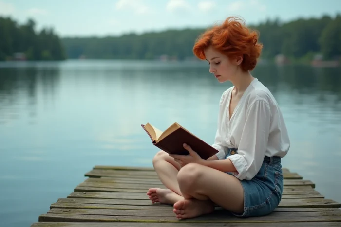Adolescente rousse aux taches de rousseur lisant un livre sur un ponton en bois au bord d'un lac calme, ambiance nostalgique et féerique