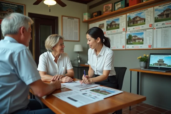 Agent immobilier thaïlandais présentant des annonces de maisons pas chères à un couple d'expatriés dans une agence locale de province en Thaïlande