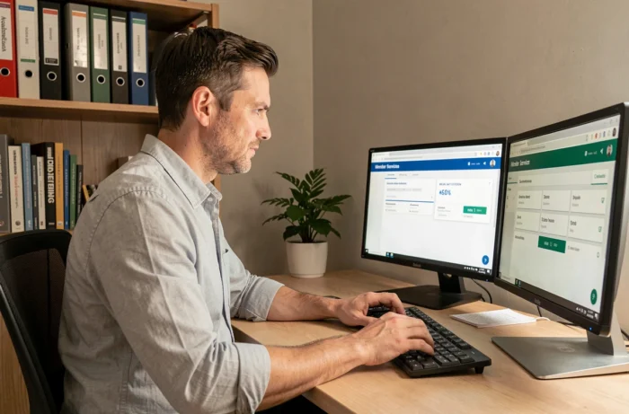 Agent immobilier indépendant utilisant les services en ligne de l'intranet IAD depuis son bureau à domicile