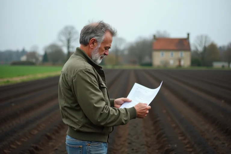 Agriculteur français consultant des documents administratifs au bord d'un champ labouré au printemps, illustrant la surface agricole minimum pour la MSA en 2024