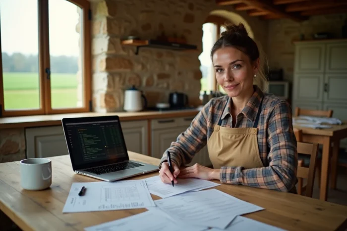 Agricultrice remplissant des formulaires administratifs MSA à la table d'une ferme française, avec vue sur des parcelles agricoles par la fenêtre