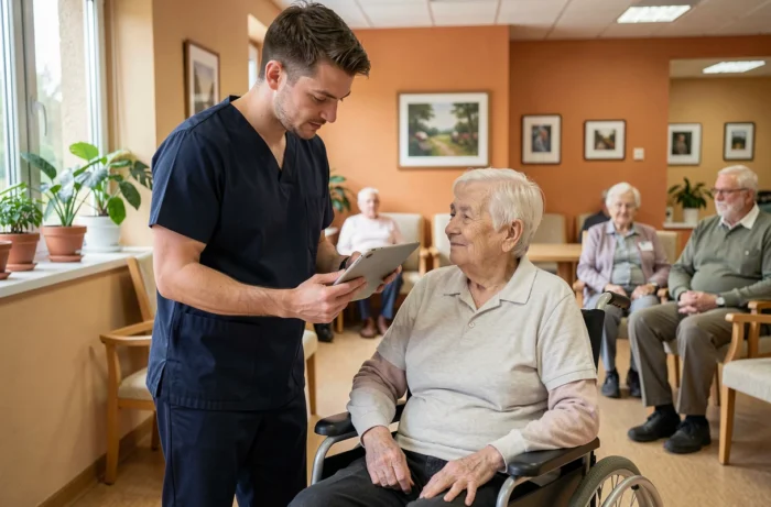 Aide-soignant en EHPAD consultant une tablette numérique avec un logiciel de soins auprès d'un résident en fauteuil roulant