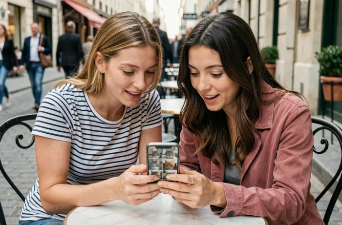 Deux amies partageant des photos de chats sur l'application Aplouf à la terrasse d'un café parisien