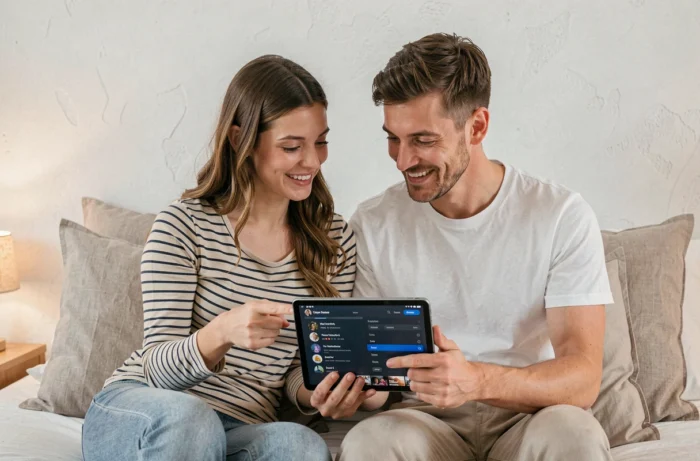 Deux amis découvrant ensemble les options cachées d'une plateforme de streaming sur une tablette dans une chambre moderne