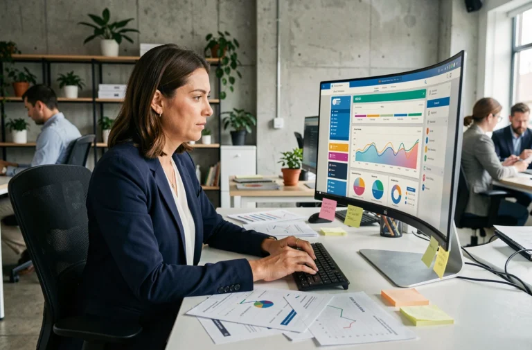 Femme professionnelle analysant des tableaux de bord digitaux et des graphiques SEO sur un grand écran dans un bureau moderne en open space