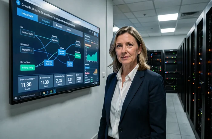 Analyste en cybersécurité supervisant une infrastructure de messagerie sécurisée dans une salle de serveurs professionnelle