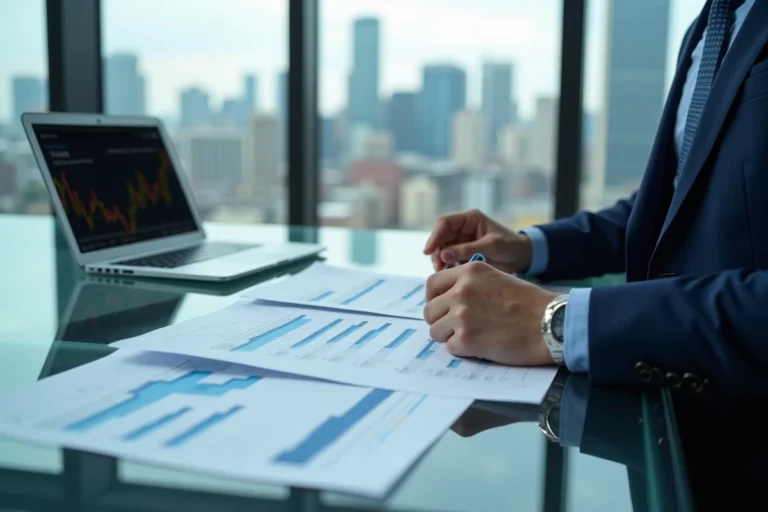 Analyste financier examinant des rapports boursiers sur l'industrie automobile Stellantis dans un bureau moderne