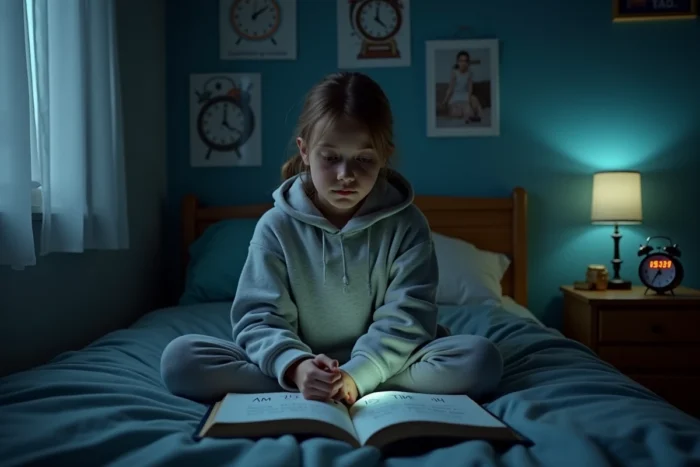 Adolescente étudiant les notions d'AM et PM en anglais dans sa chambre le soir avec un réveil affichant 22h30