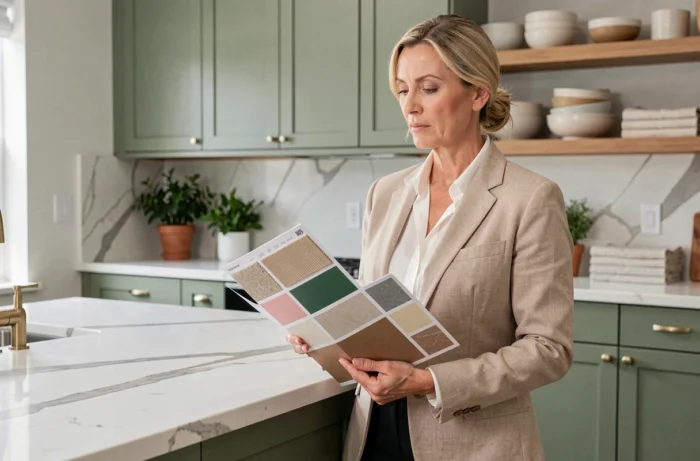 Architecte d'intérieur présentant des échantillons de matériaux devant une cuisine en vert sauge avec plan de travail en marbre, inspiration tendances déco immobilier 2024