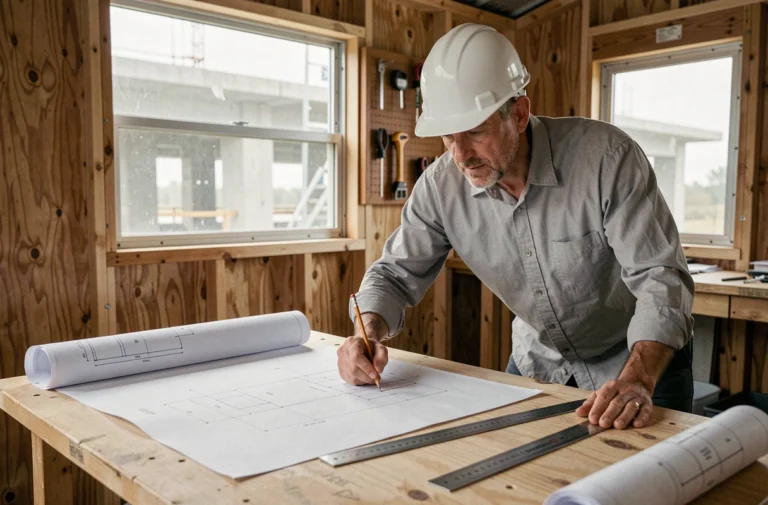 Architecte en casque blanc étudiant des plans de construction sur une table de chantier