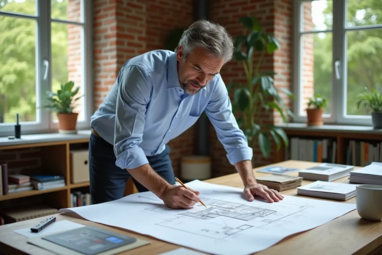 Architecte étudiant les plans d'extension de maison dans les Yvelines sur une table à dessin en bois