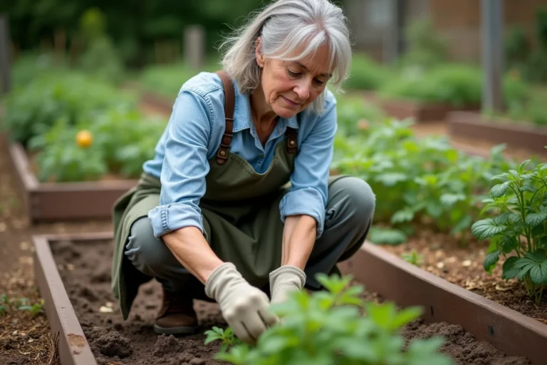 Femme arrachant du pourpier à la main dans un potager naturel avec des gants de jardinage