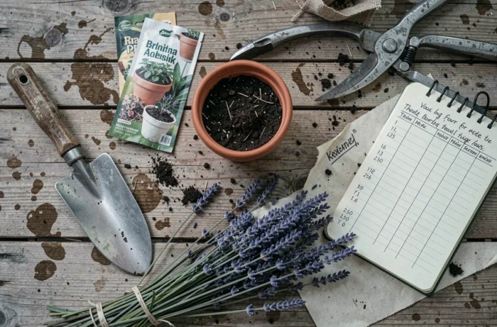Plateau de jardinage avec outils, graines et journal de plantation pour la saison printanière