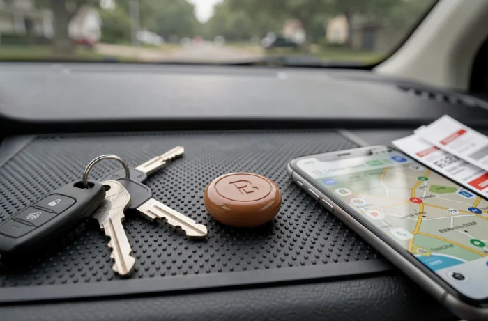 Balise Bluetooth posée sur la console centrale d'une voiture avec des clés et un smartphone affichant une carte GPS