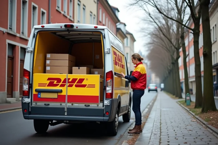 Camionnette DHL garée dans une rue européenne près de la frontière franco-allemande avec livreur