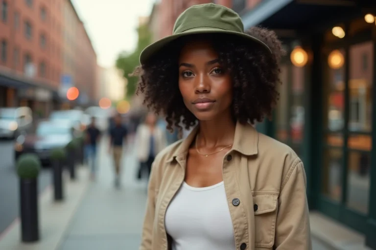 Jeune femme noire aux cheveux afro naturels portant une casquette bucket hat verte qui préserve le volume de ses boucles, en extérieur urbain