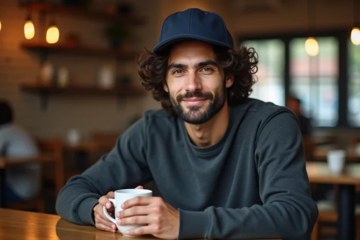 Homme aux cheveux bouclés 3C portant une casquette 5 panels à haute couronne dans un café, préservant le volume naturel de ses boucles