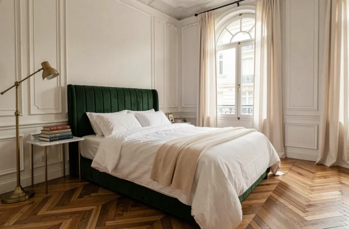 Chambre de style haussmannien rénovée avec tête de lit en velours vert forêt, parquet en point de Hongrie et détails en laiton, tendances déco 2024 pour l'immobilier