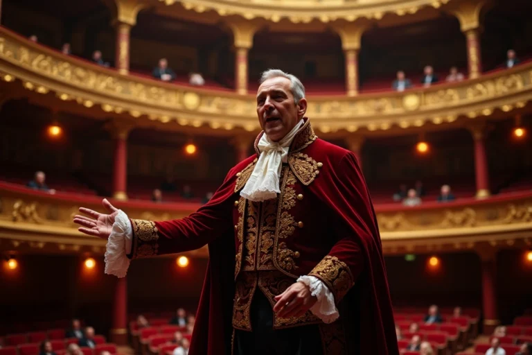 Chanteur d'opéra en costume de noblesse italienne du XIXe siècle sur scène dans un opéra historique doré, interprétant une œuvre de Verdi