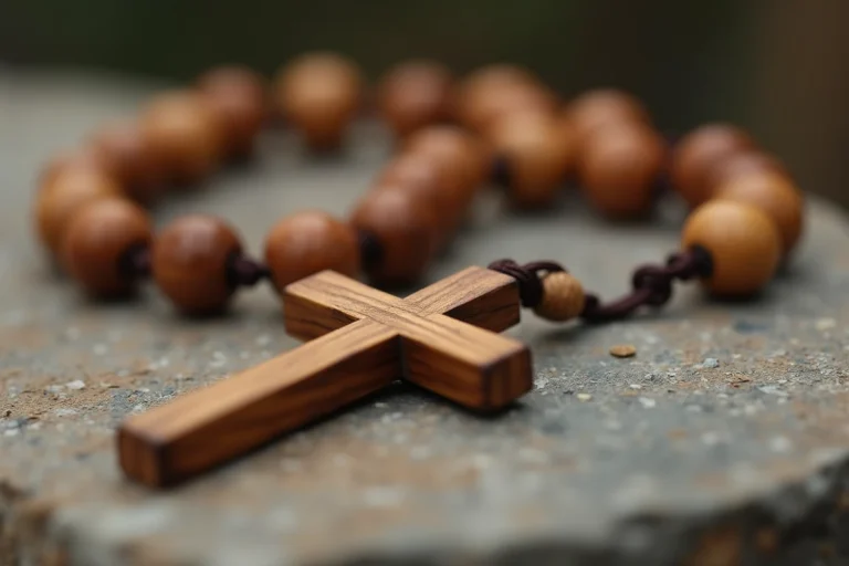 Chapelet en bois avec croix reposant sur une surface en pierre ancienne, détail des grains naturels et de la patine du bois