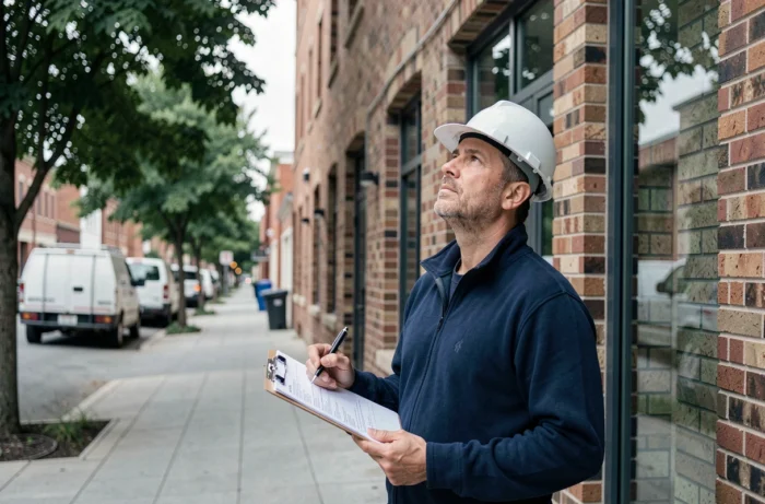 Chef de projet en veste bleue évaluant la façade d'un bâtiment neuf avec un presse-papiers