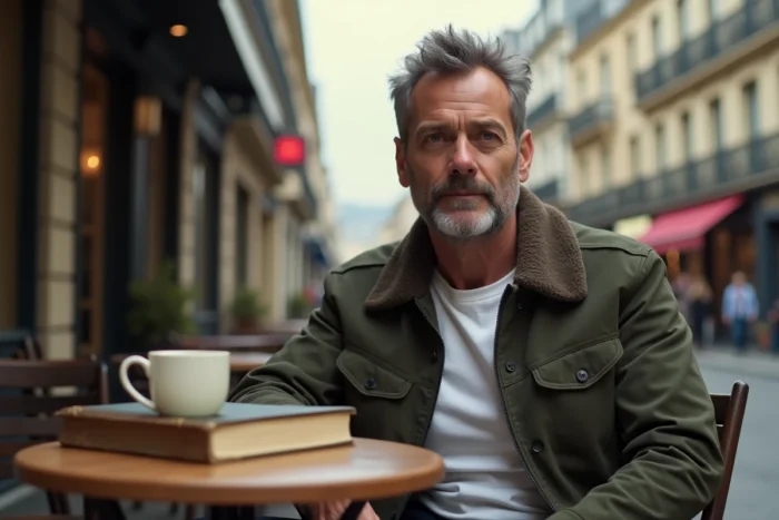 Homme discret attablé à une terrasse de café parisien, symbole de la vie ordinaire d'un ancien acteur connu