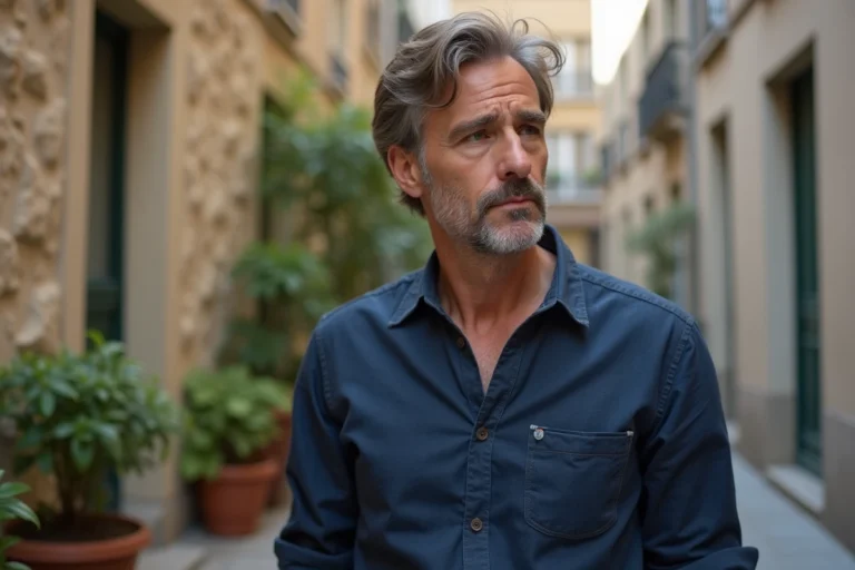 Portrait d'un homme d'une cinquantaine d'années dans une cour parisienne, illustrant la vie discrète d'une ancienne star de la télévision