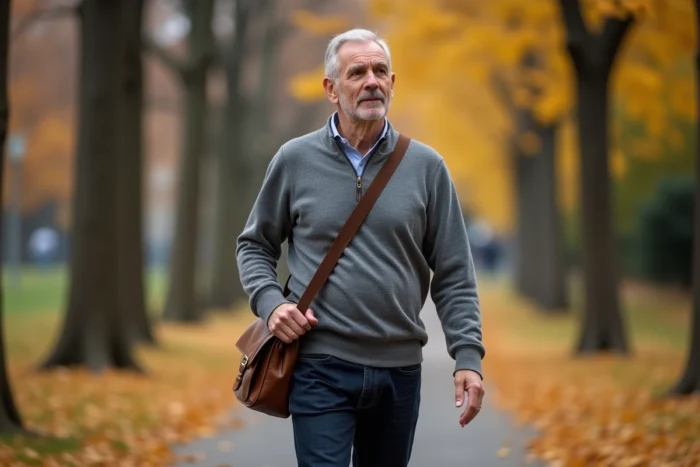 Homme marchant seul dans un parc parisien en automne, évoquant la reconversion discrète d'une personnalité télévisuelle