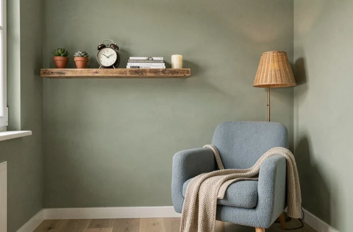 Coin lecture tendance aménagé à petit prix avec étagère en bois flotté, plantes succulentes et fauteuil bouclé bleu dans un appartement moderne