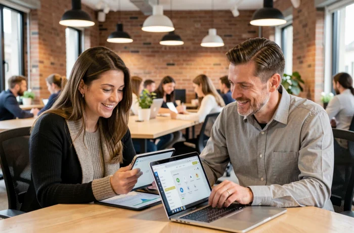 Deux professionnels IAD collaborant sur l'intranet du réseau immobilier depuis un espace de coworking moderne