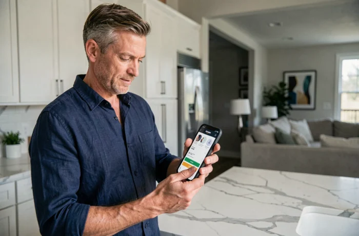 Homme utilisant l'application Amazon sur smartphone pour finaliser une commande en ligne dans une cuisine moderne