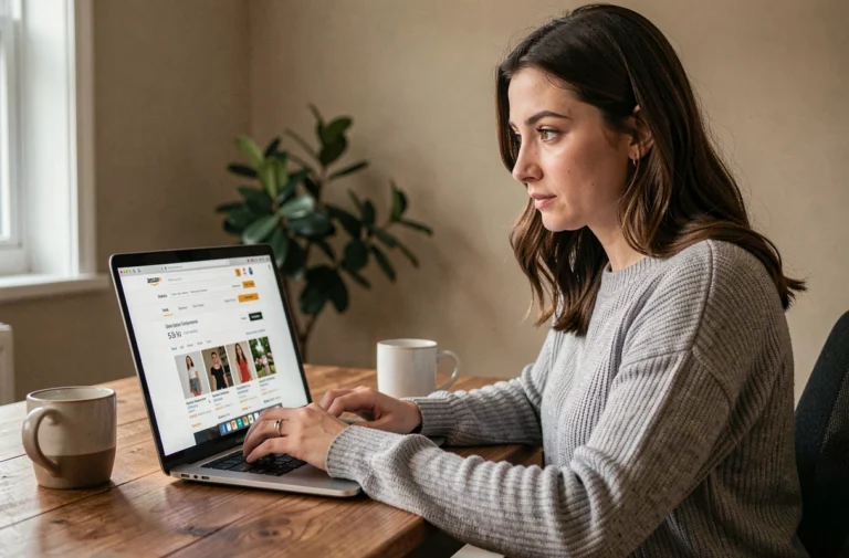Femme qui passe une commande en ligne sur Amazon depuis son ordinateur portable à son bureau à domicile