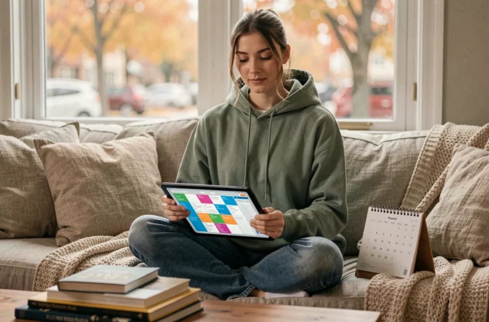 Jeune femme comparant un calendrier numérique sur tablette et un calendrier papier pour organiser son planning