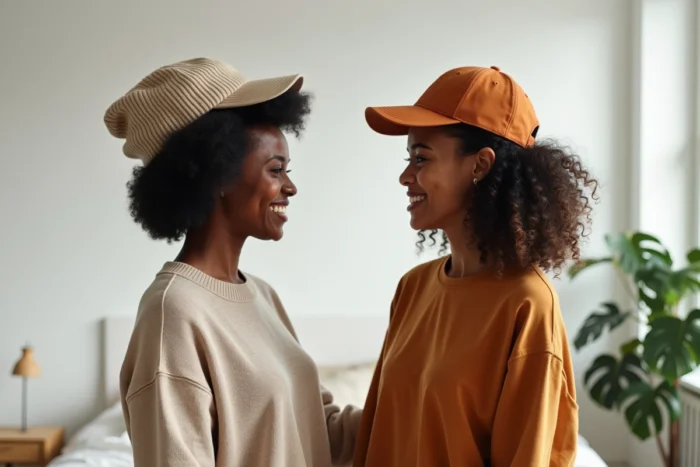Deux femmes aux cheveux bouclés et afro essayant différents types de casquettes adaptées à leurs textures de cheveux dans un intérieur moderne et lumineux