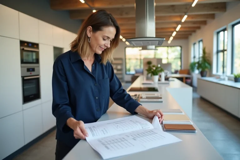 Conseillère cuisine Tyko examinant un planning de pose et des échantillons dans un showroom cuisine moderne