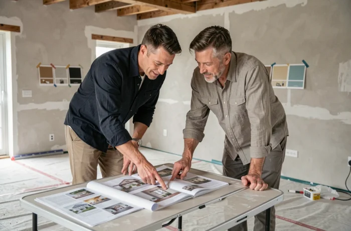 Consultant en design et déco présentant un portfolio de projet à un client dans un espace en cours de rénovation, illustrant un accompagnement personnalisé Dofacto