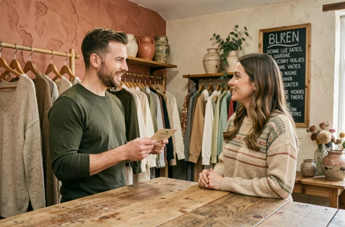 Client discutant avec une vendeuse dans une boutique de mode éthique et durable