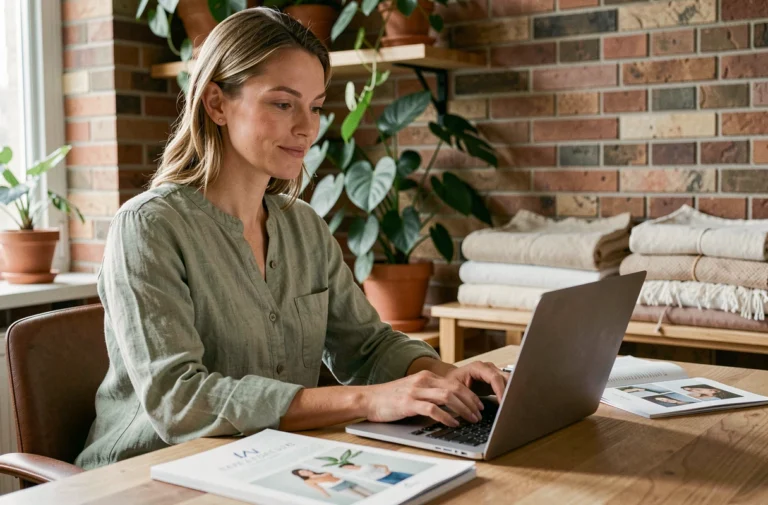 Femme contactant une marque de mode éthique par email depuis son bureau en lin naturel