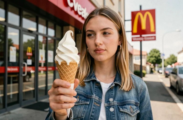 Femme tenant un cornet de glace vanille McDonald's devant un restaurant, illustrant les glaces emblématiques de la chaîne