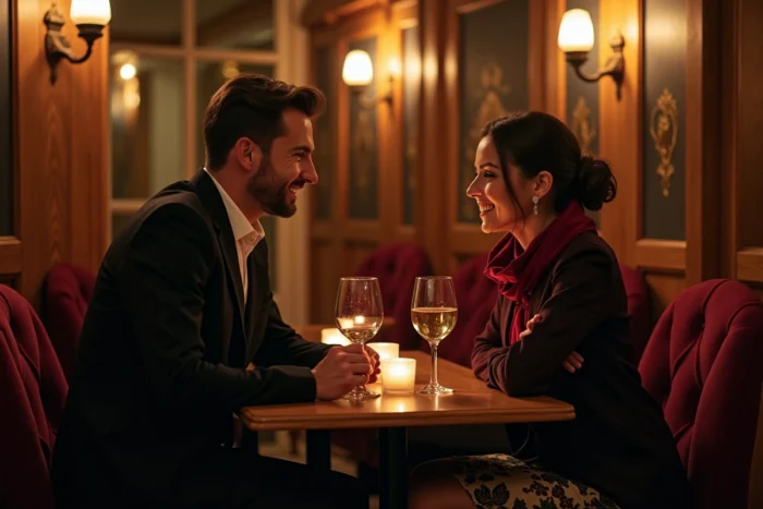 Couple amoureux dînant en tête-à-tête dans un bistrot parisien intime, conversation animée et complicité évidente