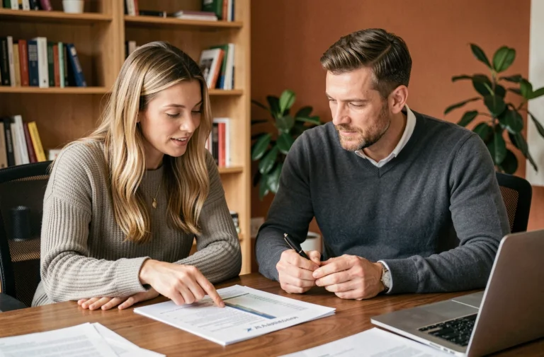 Couple examinant des documents de crédit immobilier à leur bureau à domicile