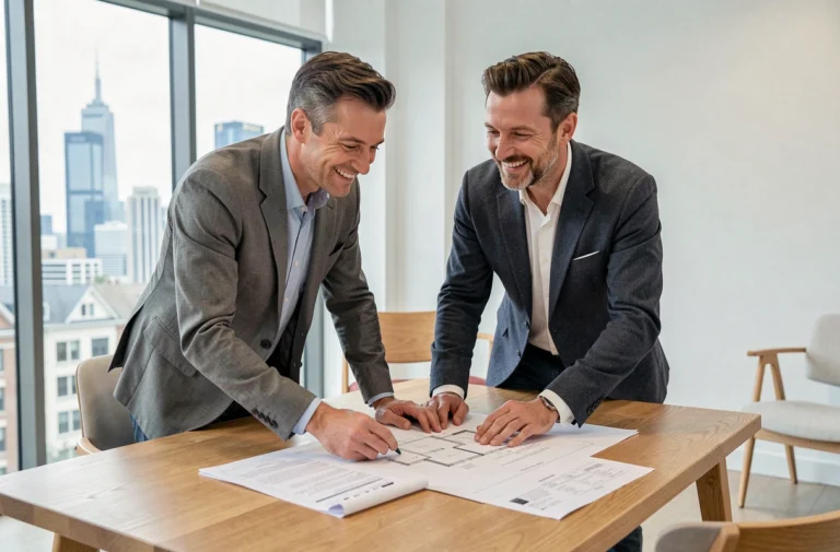 Couple examinant des plans immobiliers dans une agence moderne pour investir dans un bien neuf