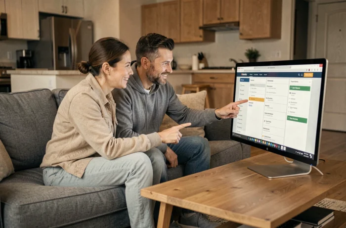 Couple naviguant ensemble sur le plan du site Auto World depuis leur salon sur un écran d'ordinateur
