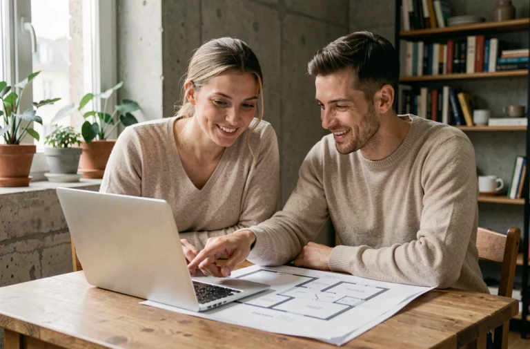 Couple consultant des plans immobiliers sur un ordinateur portable dans un appartement moderne