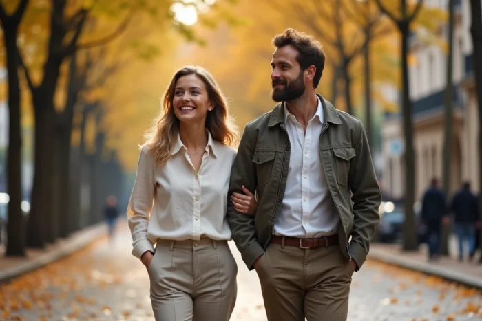 Couple élégant se promenant dans une avenue parisienne en automne, feuilles dorées au sol, ambiance complicité amoureuse