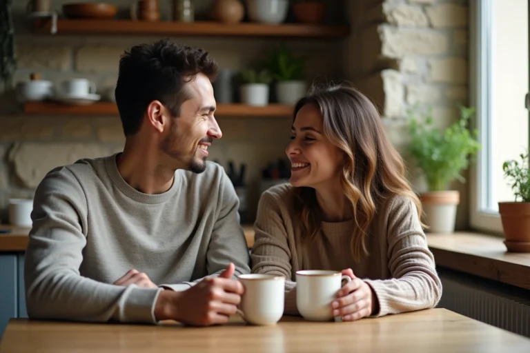 Couple complice partageant un café du matin dans une cuisine parisienne chaleureuse, ambiance vie de couple naturelle