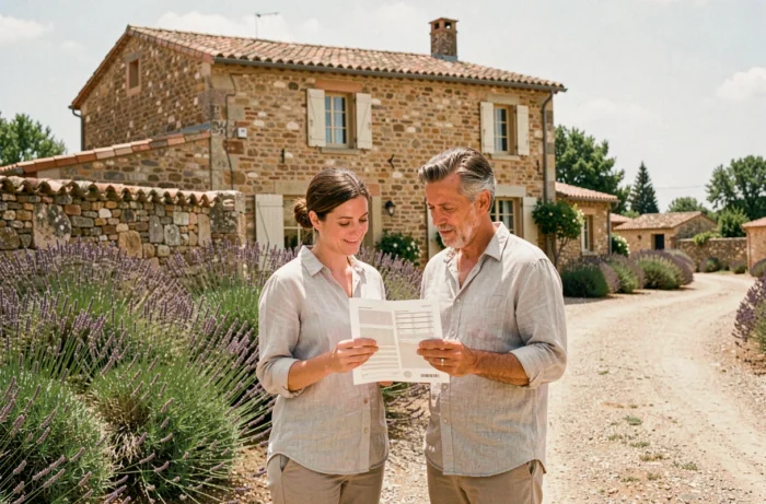 Couple visitant une maison en pierre en Provence dans le cadre d'un projet immobilier en France